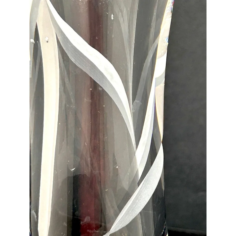 Clear Crystal Flared Vase Frosted Ribbon Etched Tri-Corner Rim 8.5 inch